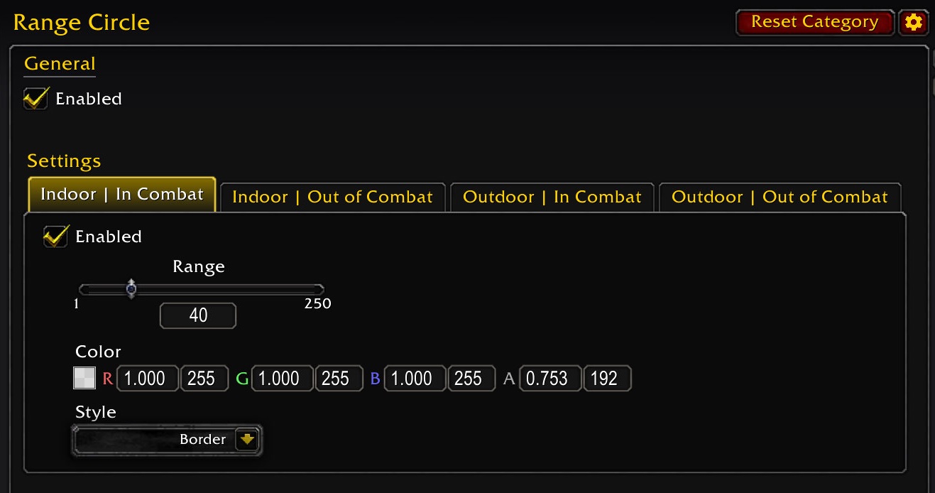 Thumbnail Options for a customizable range circle that is displayed in the minimap.
