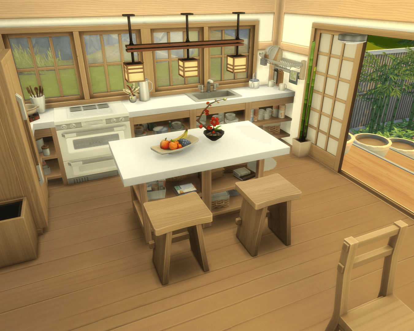 Thumbnail view of the wood and stone kitchen counters & island with matching wood tones in a open plan kitchen & dining room. lots of fresh air and natural light flows in through the windows and sliding door!
