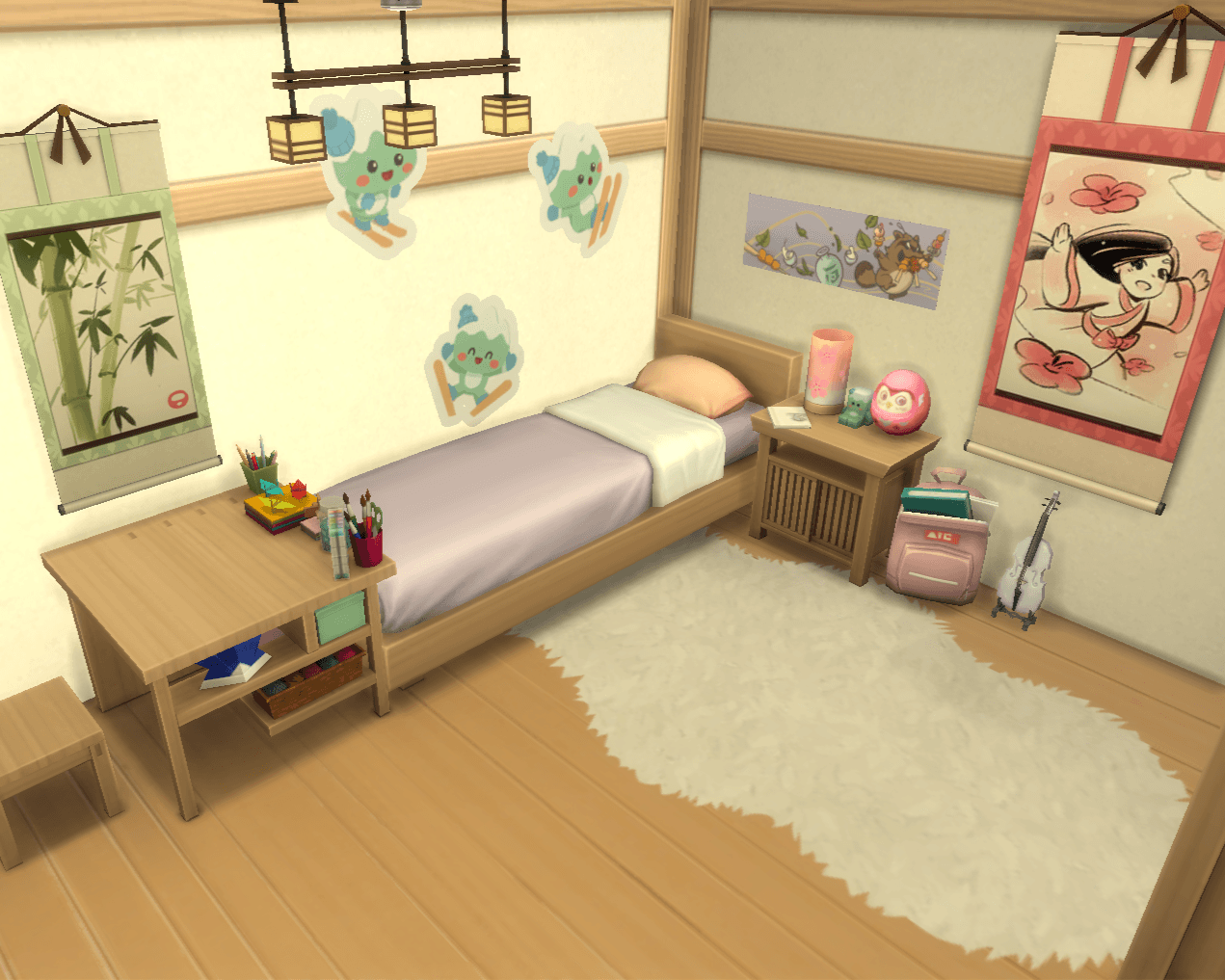 Thumbnail view of the purple, pink and green themed side of the bedroom, with a fluffy rug, violin, drawing table and cute wall-art!