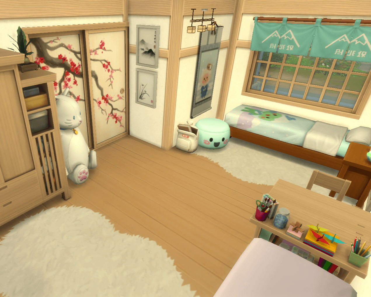 Thumbnail view of the other side, the green/blue side of the bedroom with snowboarding/skiing gear & decor, stuffed animal & cute art!