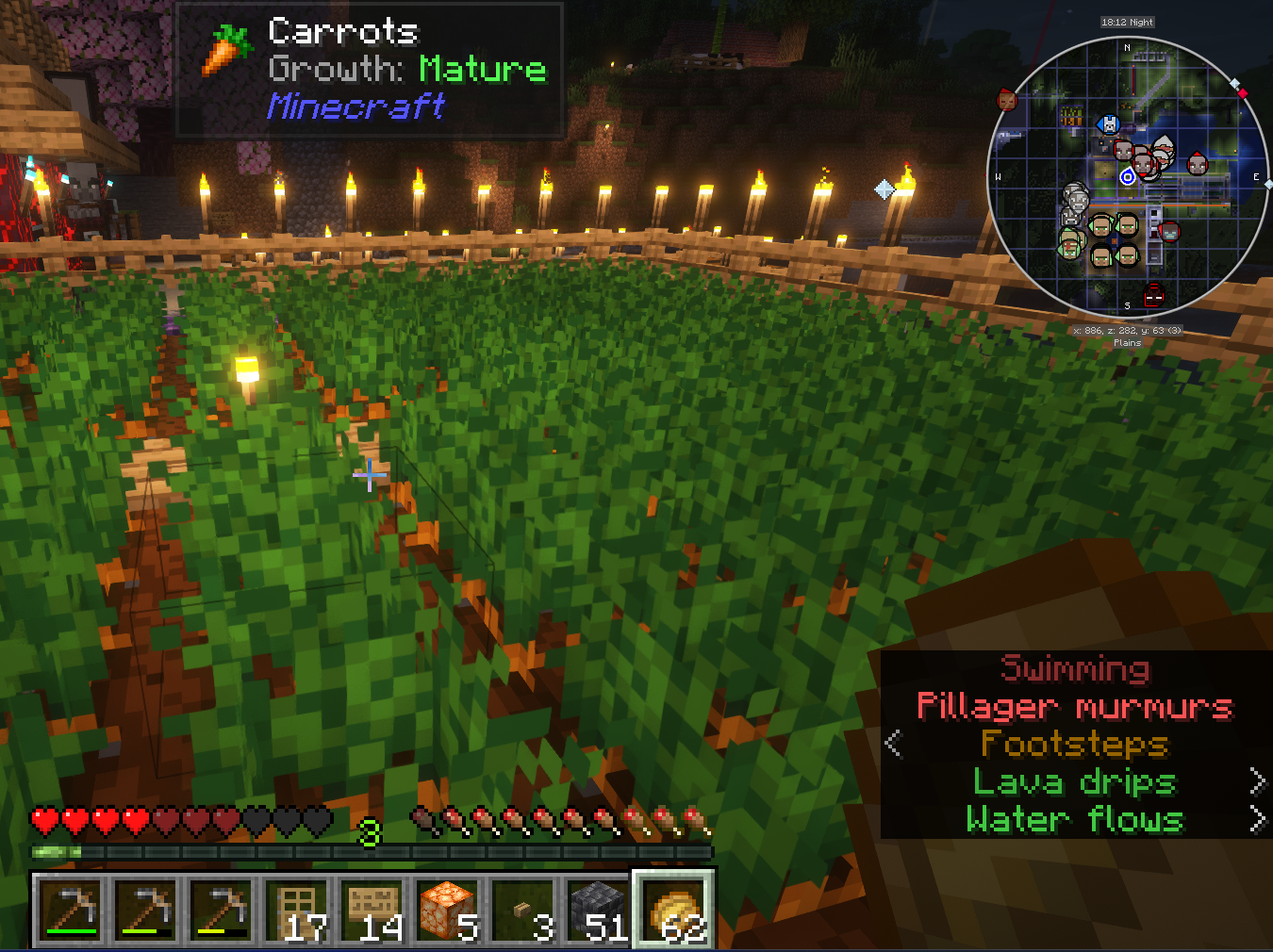 Thumbnail The user Interface now shows the state of the Block you are aiming (here a 100% grown carrot), a minimap with all Mobs, Players and custom waypoints and colored subtitles to show the potential danger of it.