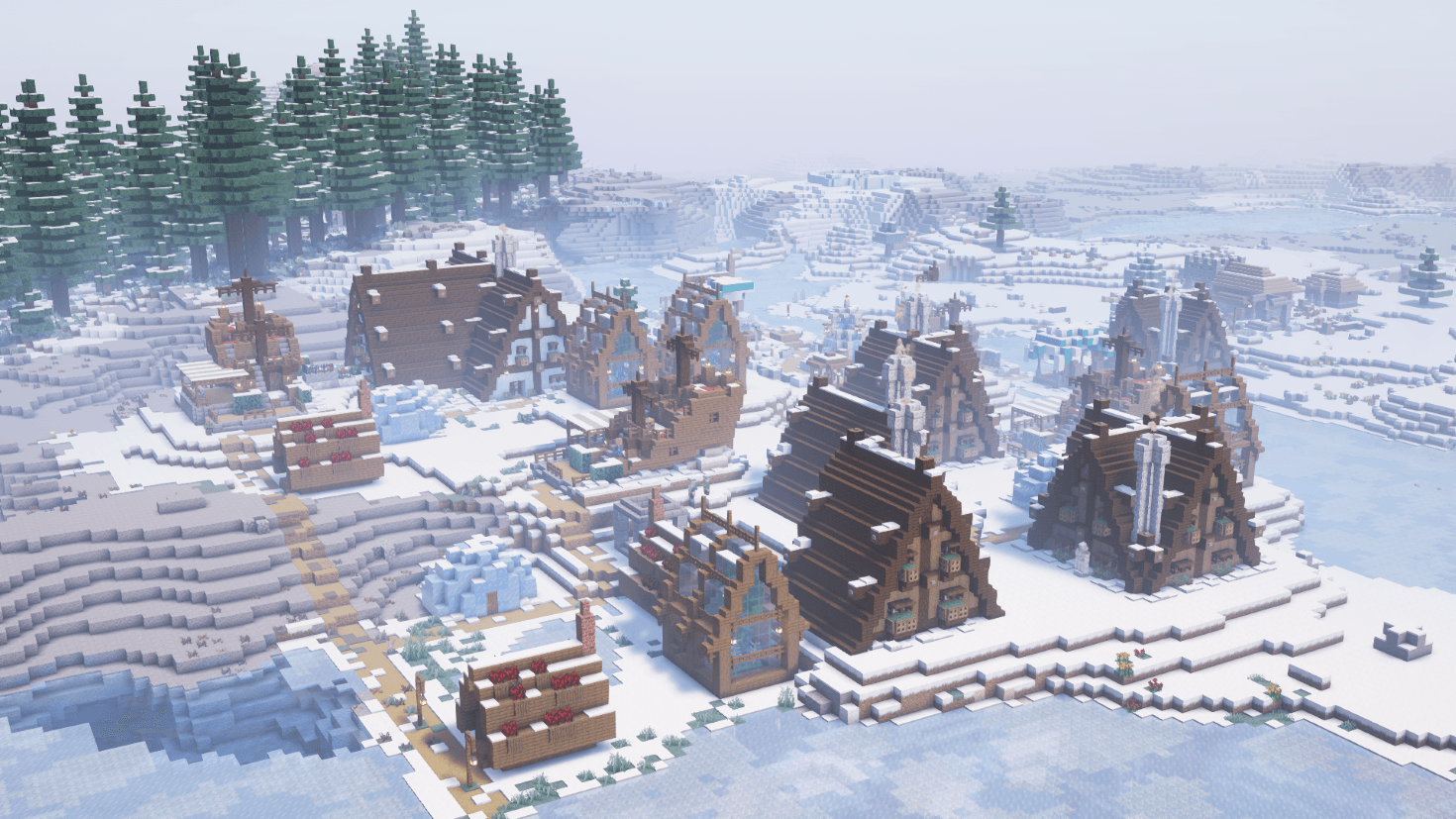 Thumbnail A collection of picturesque villages nestled in a snowy landscape. The charming houses and tranquil environment offer a respite from dangerous adventures.