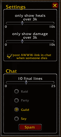 <ul><li>Filter events by amount of DMG/Healing
</li><li>deactivate chat message
</li><li>post logs to chat</li></ul>