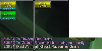 <p>Raveen and Kravotir as druids. Grains is dead.</p>
<p>Raveen has been set to res Grains. The color changes of yellow indicate a pending res. If its not done within one minute the colors reset.</p>
<p>The color and text indicators propagate to all ...