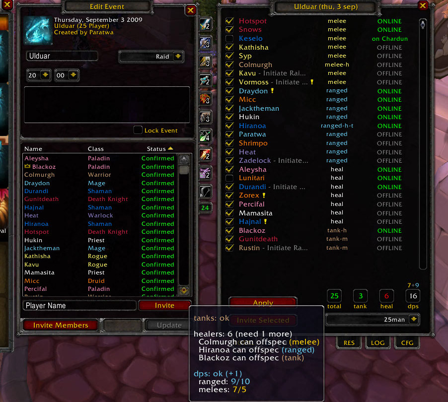 <p>The players counters (overall, dps, heal, tank) can be mouseovered. Addon will tell you how many ppl you have more, or how many u miss. Then will list all dual/triple spec players that can raid in that role.<br>
In this example we lack a healer, and ...