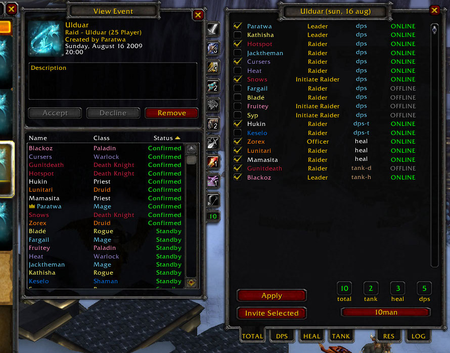 <p>After you selected who is in and who is out, you do press Apply button. The addon will set the blizz calendar status to Standby for those you left out. You can use this information on next raid, for proper rotation.</p>
<p>(old layout, bottom part i...