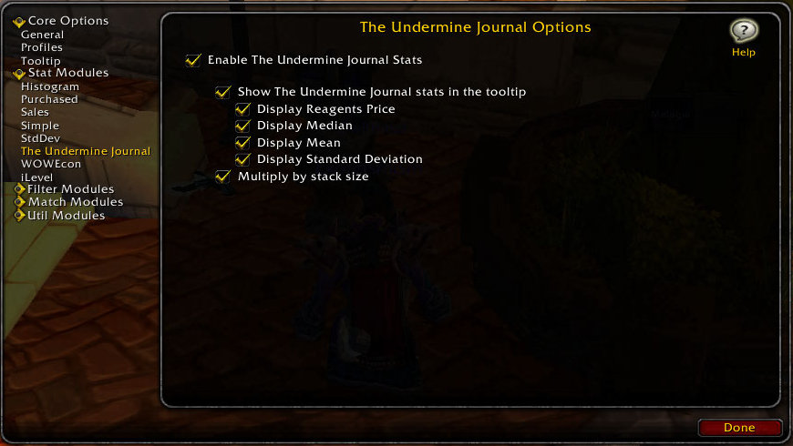 <p>Auctioneer configuration panel for The Undermine Journal statistics module.</p>