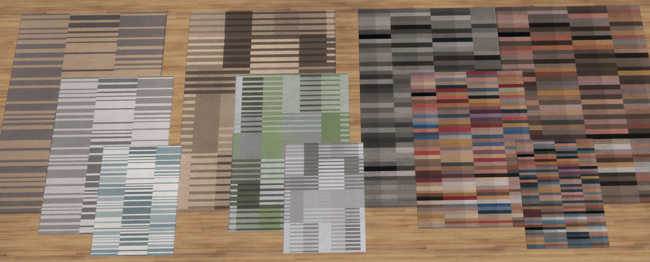 Rug Options shown in full size as well as how they look downsized in game, 10 variations in total
