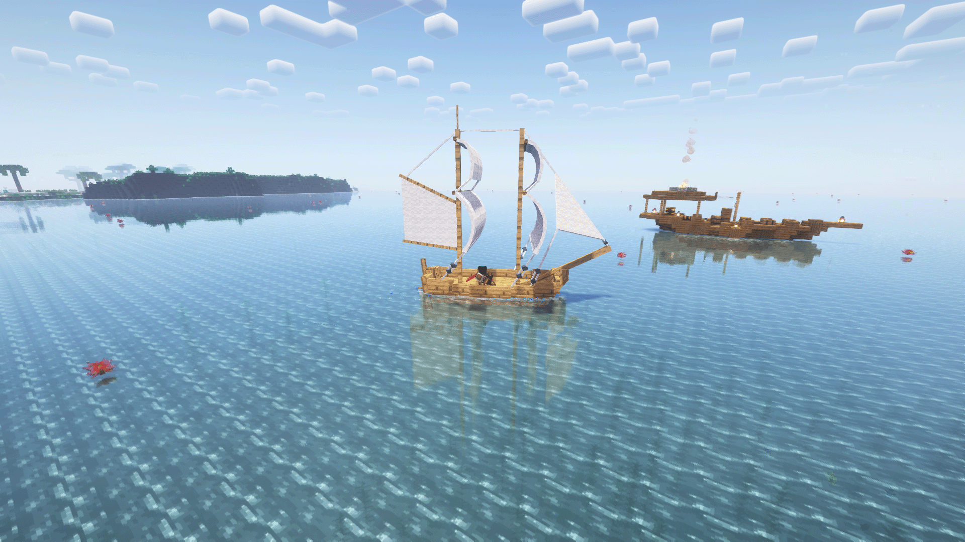 New boats, sea structures and fish.