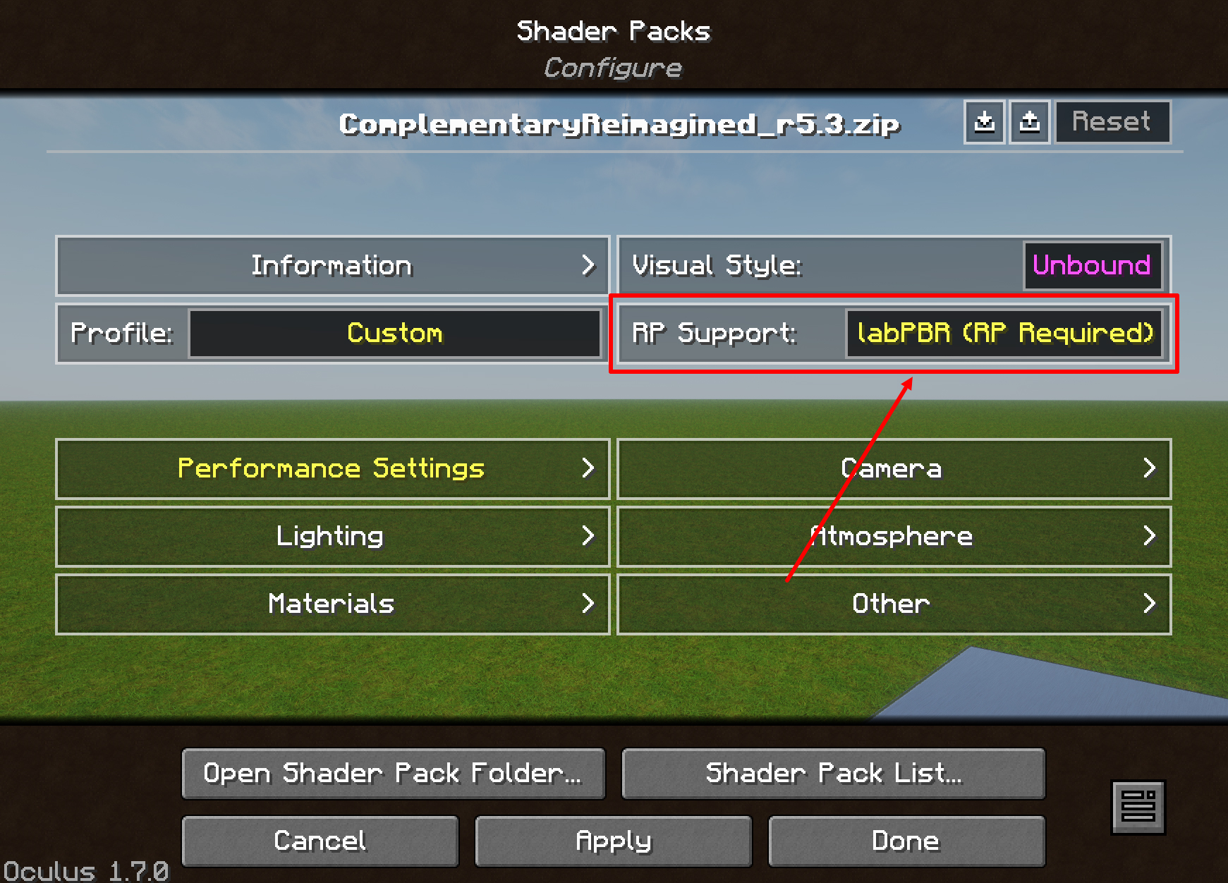 Complementary shader settings