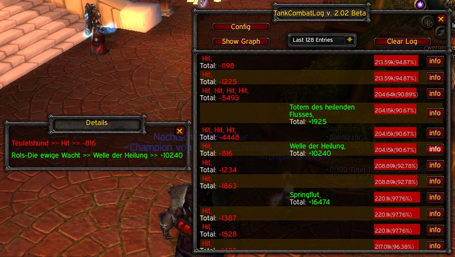 With a click on the "info" button the detail frame
is shown, where you can see the information
which healer used which skill and caused how
much heal. The same for the taken damage.