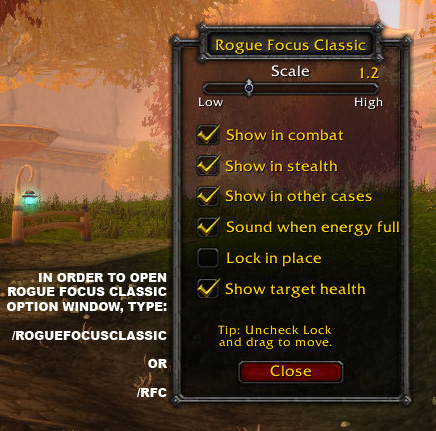 <p>Rogue Focus Classic options window and a description for command line activation.
</p>