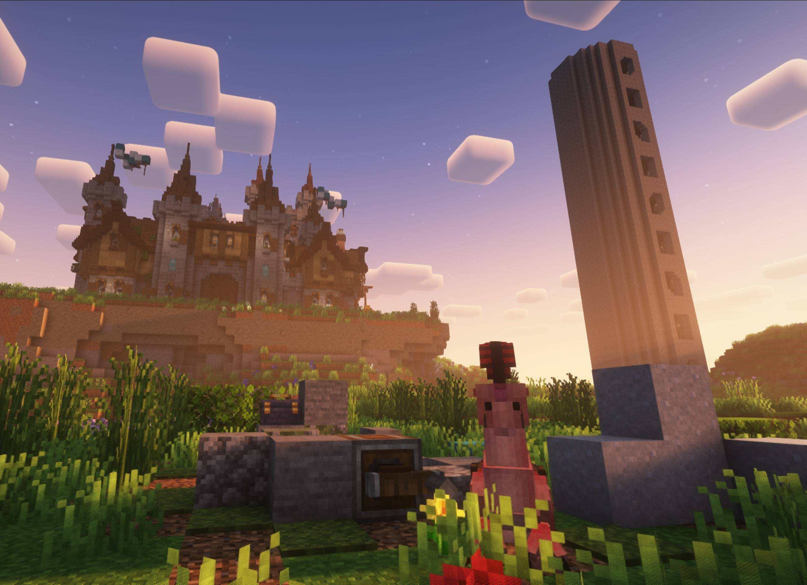 A Riding Lizard sitting in the shadow of a castle and battle tower.