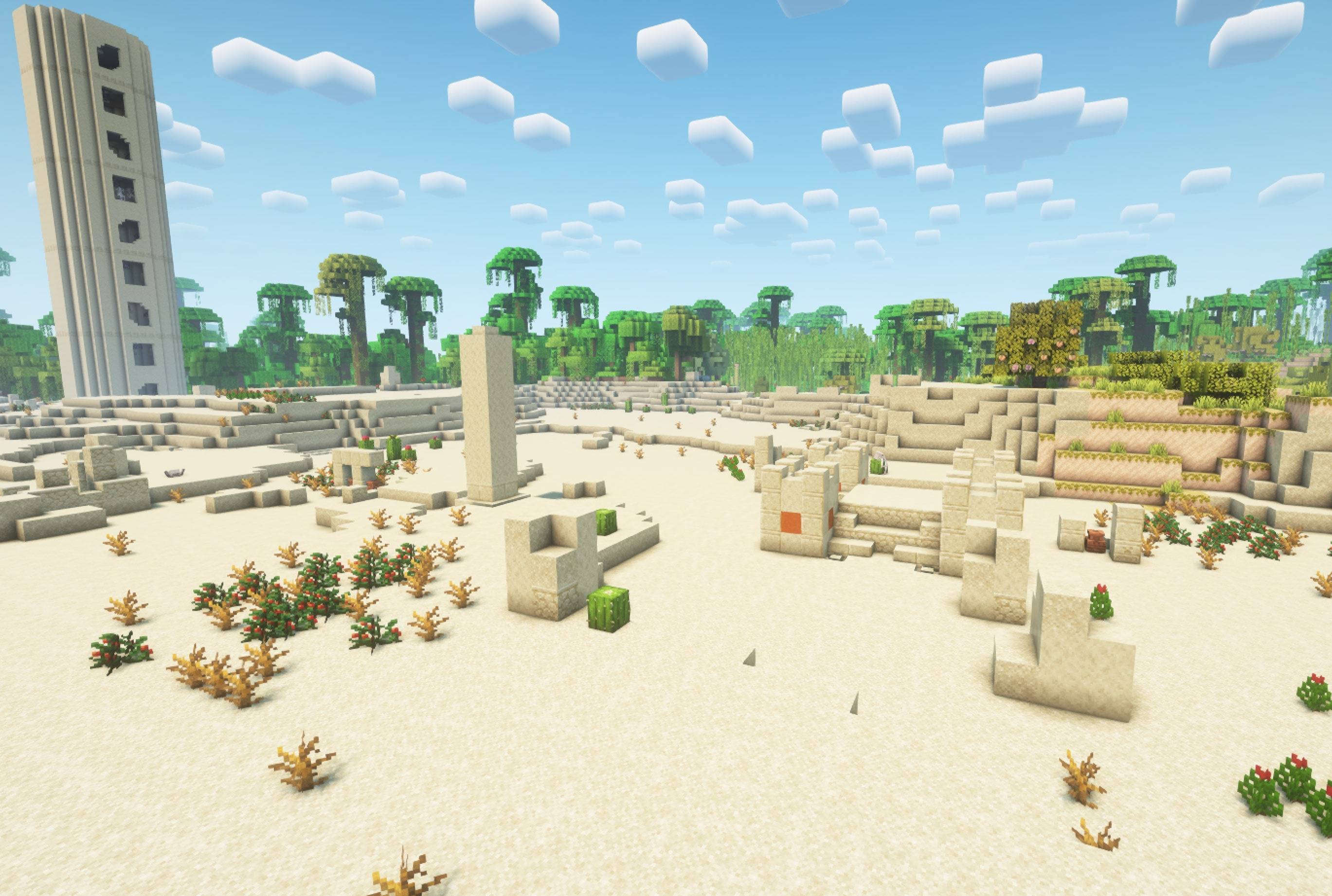 Thumbnail Desert ruins close to an oasis and a jungle.