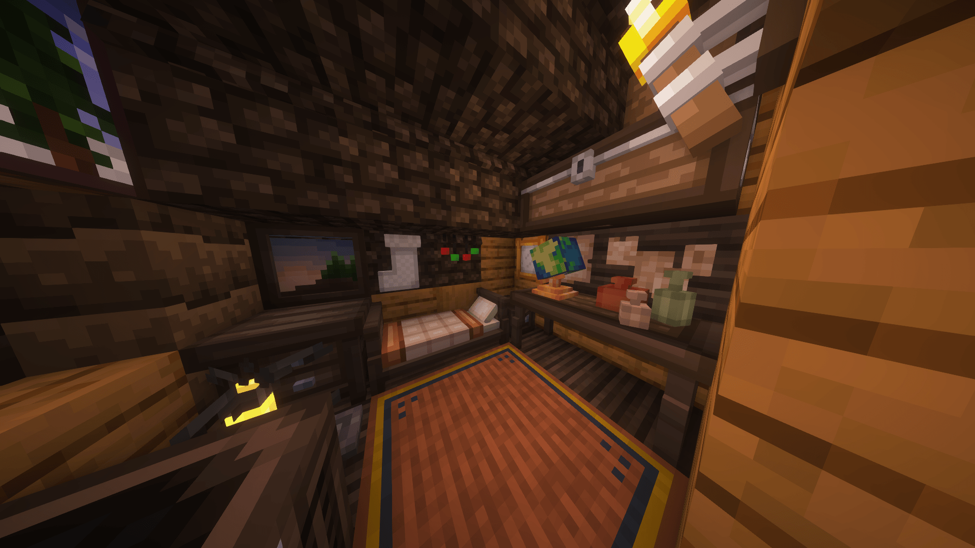 Thumbnail Furnished bedroom with a cozy carpet, bed, globe, and festive Christmas decor.