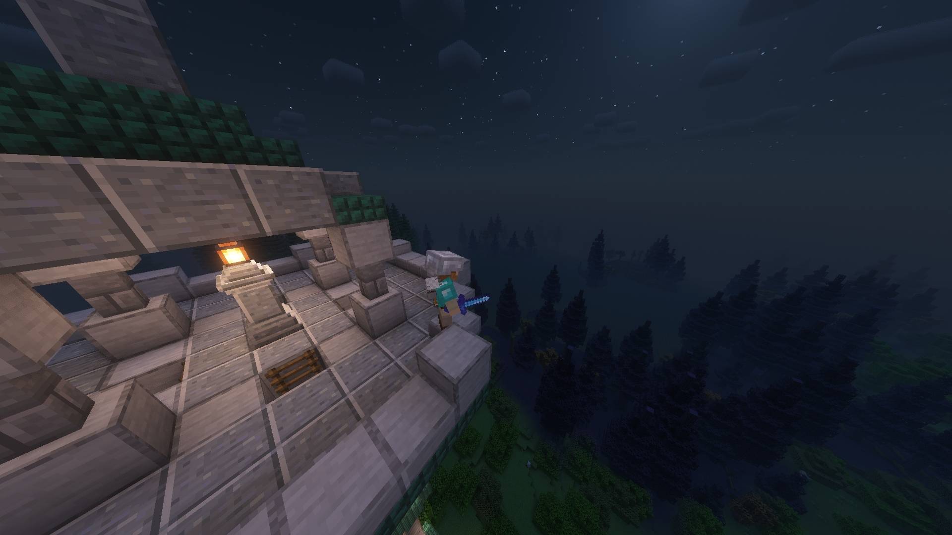 The foggy night surrounds the woods as you gaze at the scenery from the top of the tower