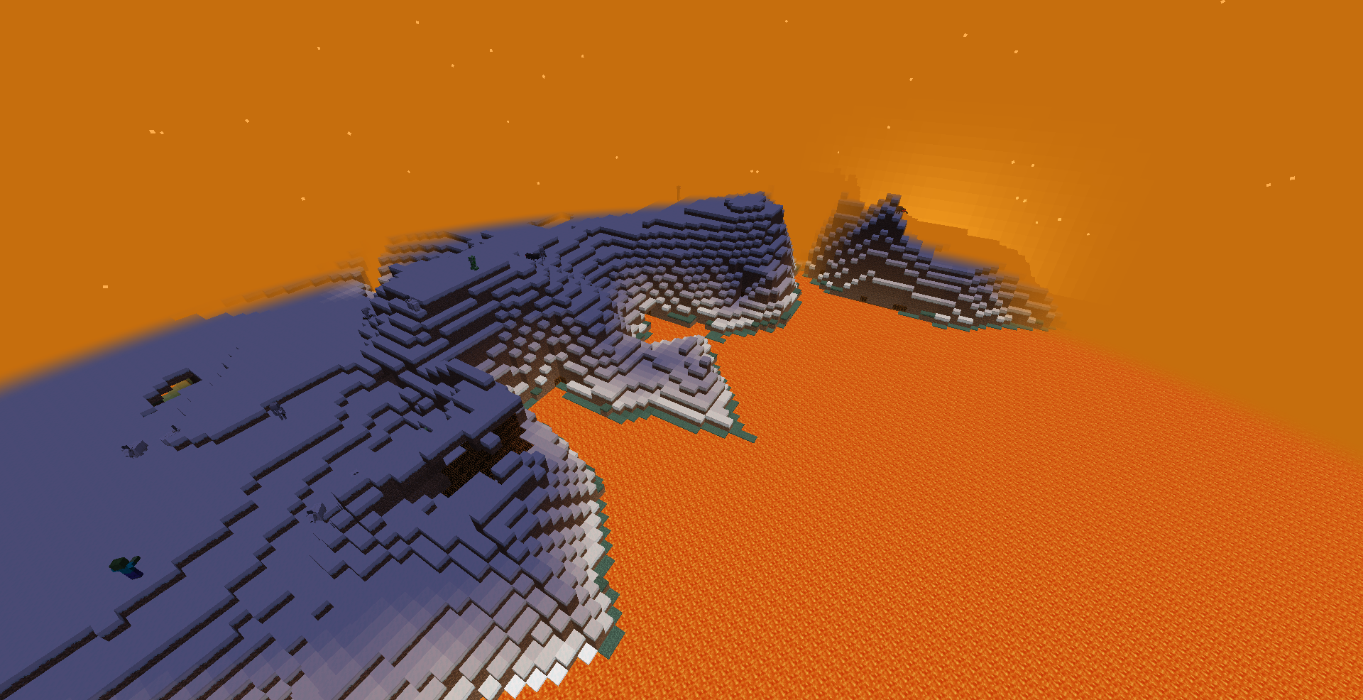 Thumbnail This image showcases the vast expanse of the Carrot Dimension, characterized by a glowing orange sky and an endless sea of carrot-colored lava. Snow-topped hills contrast starkly with the fiery orange, creating a surreal and otherworldly atmosphere.