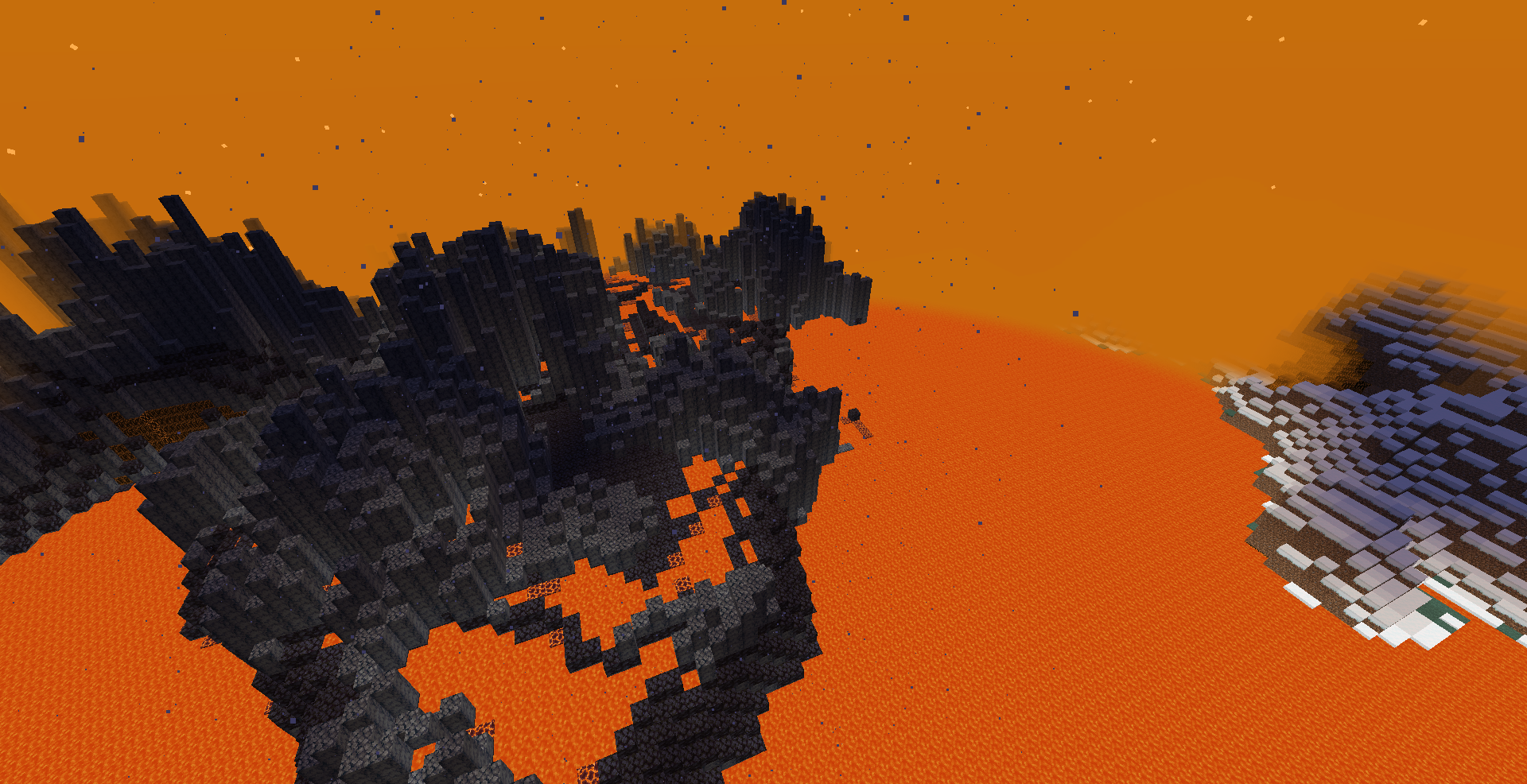 Thumbnail A closer look at the Carrot Dimension's unique terrain, featuring jagged, dark basalt-like rock formations towering over the lava sea. The orange mist creates an eerie and mysterious ambiance, hinting at hidden dangers or treasures.