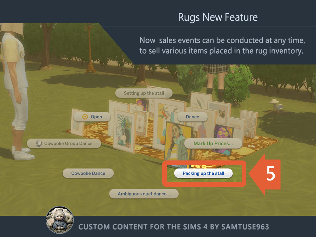When you want to wrap up the sale at any time, click "Packing up the stall." The Sim will pack up the items for sale, and you can then move the rug into the Sim's inventory.