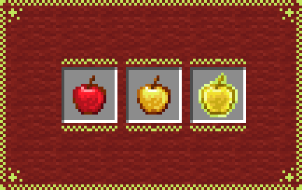 Comparison between regular apples, golden apples, and the pack's version of enchanted golden apples.