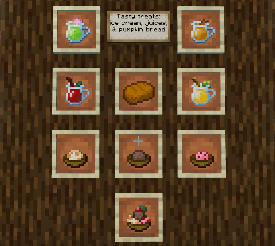 Thumbnail Top: Cactus juice, pumpkin juice
Second: Sweet berry juice, pumpkin bread, glowberry juice
Third: Cake blocka ice cream, chocolate ice cream, sweet berry ice cream
Bottom: Trifecta sundae
