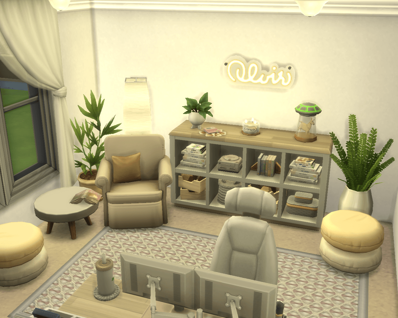 Thumbnail Office/stream background! New cube shelves with lots of storage, books, console, lamp and plant! Comfy armchair and poufs, perfect to hang out and play games with friends. And a warm toned lamp, great for reading a good book!