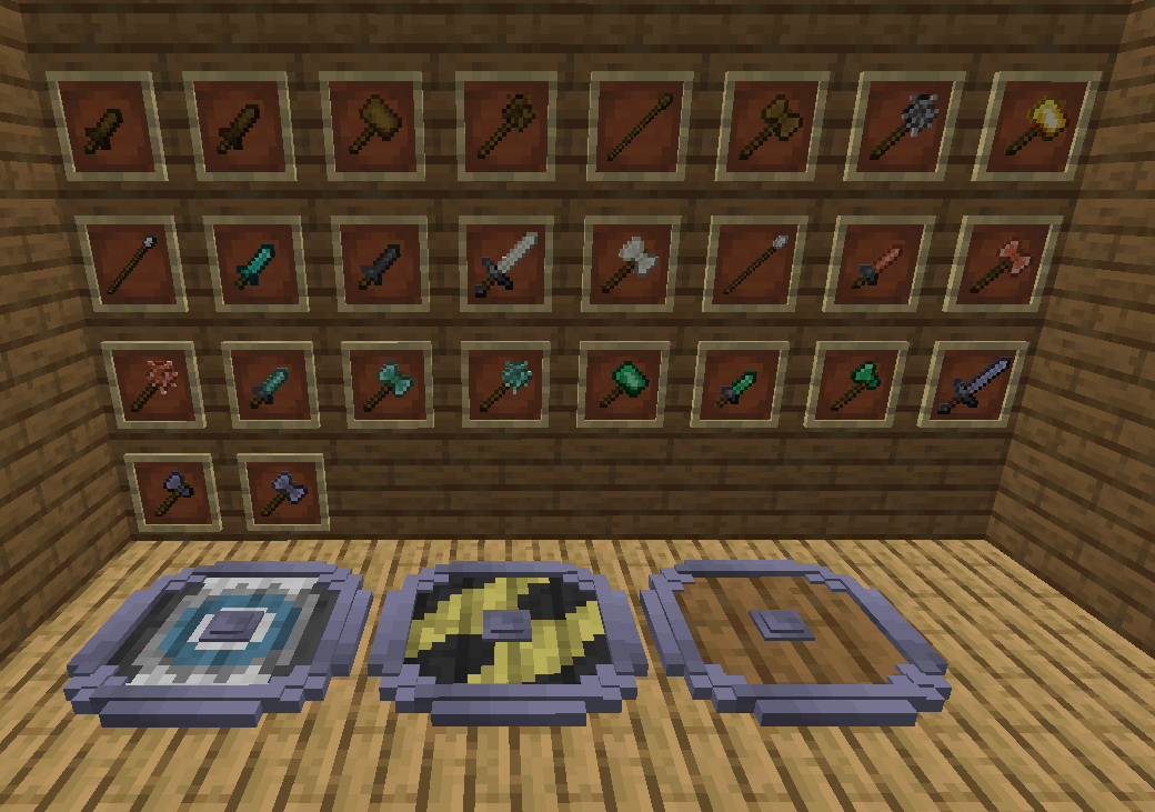 Thumbnail Different kinds of weapons, tools and materials:
Knifes, Daggers, Hammers, Swords, Maces, Spears, Axes, Battleaxes.
Vanilla ones, Copper, Oxidized Copper, Bone, Steel, Dragon Proof Iron.
