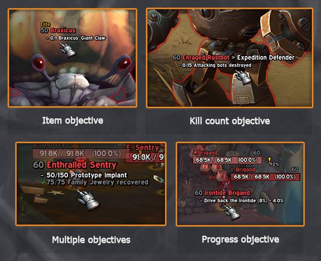Showing off all the options that are related to quest objectives.
- Targets that drop items needed for quests
- Targets that are required for kill count quests
- Targets that have multiple quest objectives.
- Targets for progress (%) quests.