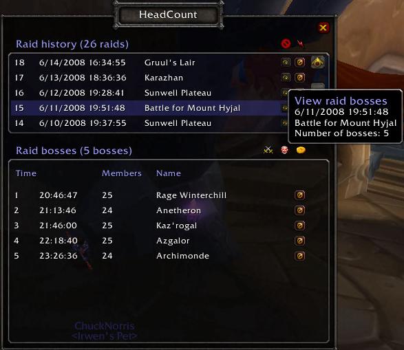 <p>HeadCount stores the boss kills over the course of a raid and the members who were present for the kill.
</p>