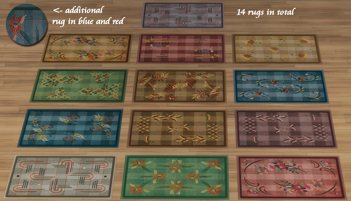 Visual of all the rugs together. Note, I did't get a screen shot of the the blue on (circle in the corner), which is a colour variant of the bottom green rug.