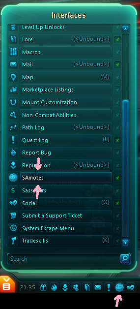 Interface menu with pink arrows added