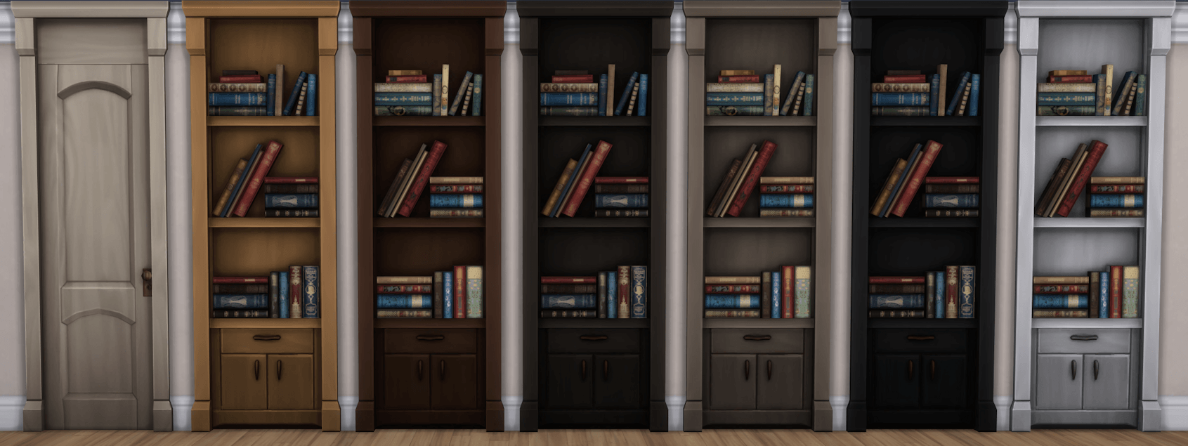 Visual of all the different wood stains as well as the two different book-fill options