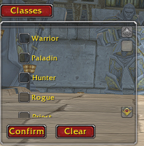 Opens a list of classes and checkboxes that you can use to filter the main table by classes chosen if no classes are chosen table will show all.