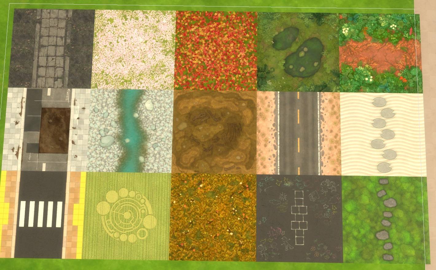 Thumbnail All nonseamless outdoor flooring Part 1 (rugs) - Broken Stone-Path, Cherry-Blossom, Colored-Leaves, Construction-Site, Crop-Circle, Crosswalk, Dig-Site, Flowing-River, Forest, Glowing-Moss, Highway, and Hopscotch Flooring
