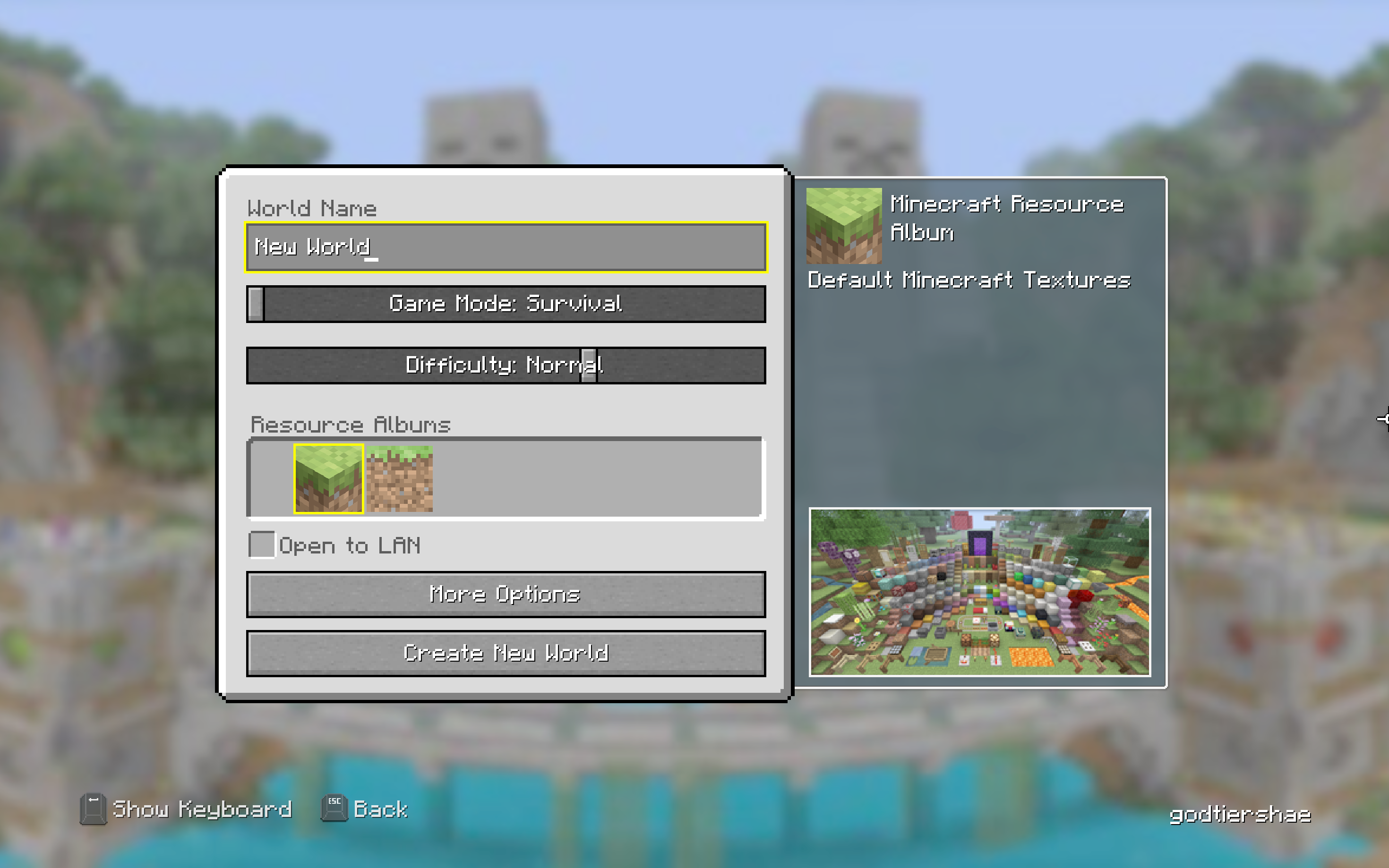 Thumbnail The Minecraft Legacy Edition world settings screen lets players customize options like world name, game mode, difficulty, and more, all within a simple and accessible console interface.