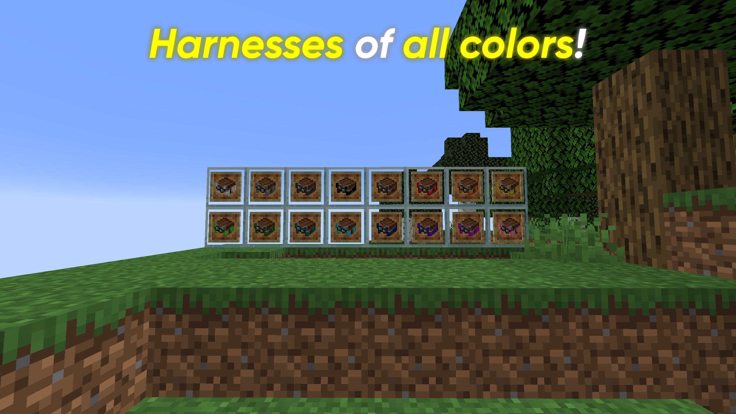 Thumbnail Harnesses in item frames of all 16 possible colors.