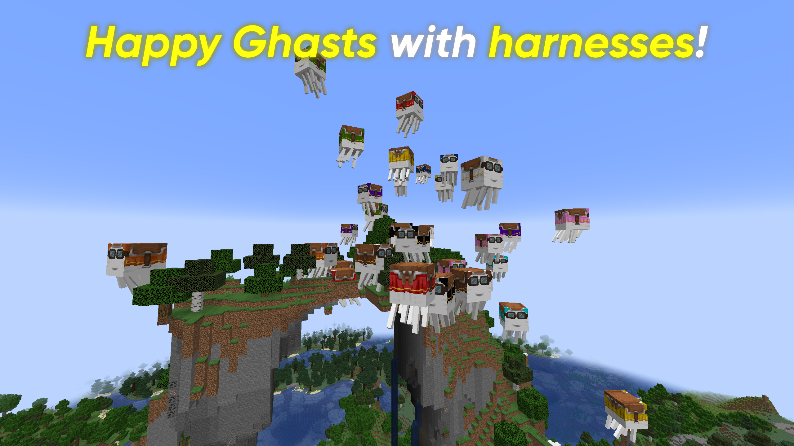 Thumbnail Happy Ghasts with harnesses of multiple colors on, floating around.
