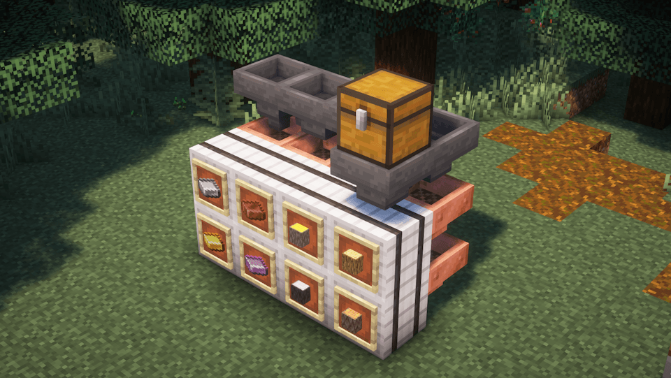 Thumbnail Storage system made with copper hoppers to filter items and Iron barrels for more storage space