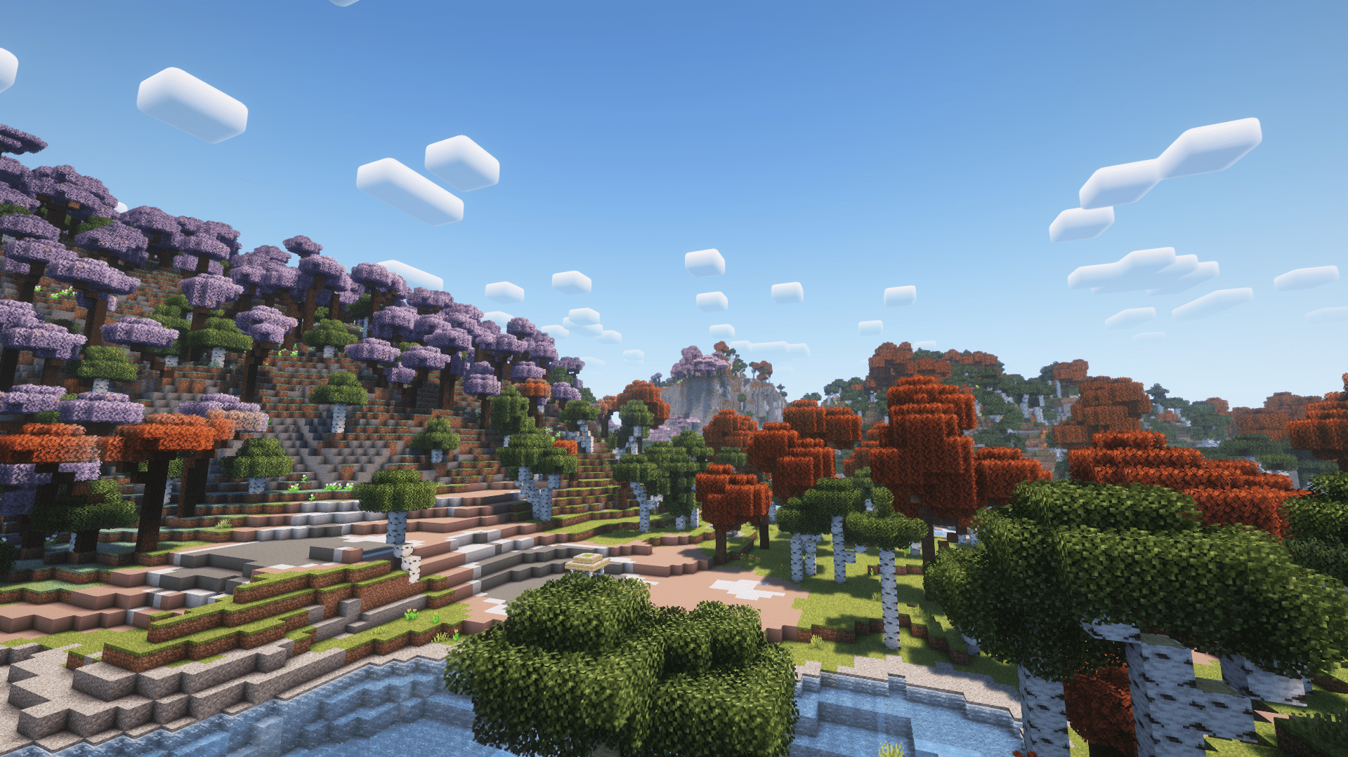 Thumbnail "A breathtaking landscape where autumn meets spring. Crimson red and golden leaves blend with the mystical purple groves, creating a paradise untouched by time. Experience the beauty of nature in Vanilla Reforged+!" 🍂🌸
