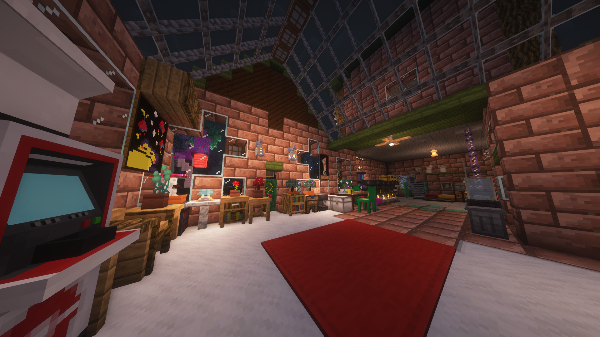 Thumbnail Cozy base with red carpet, glass roof, Macaw's furniture, an alchemy setup, iron chests, chisel bits statues, and lots of potted plants.