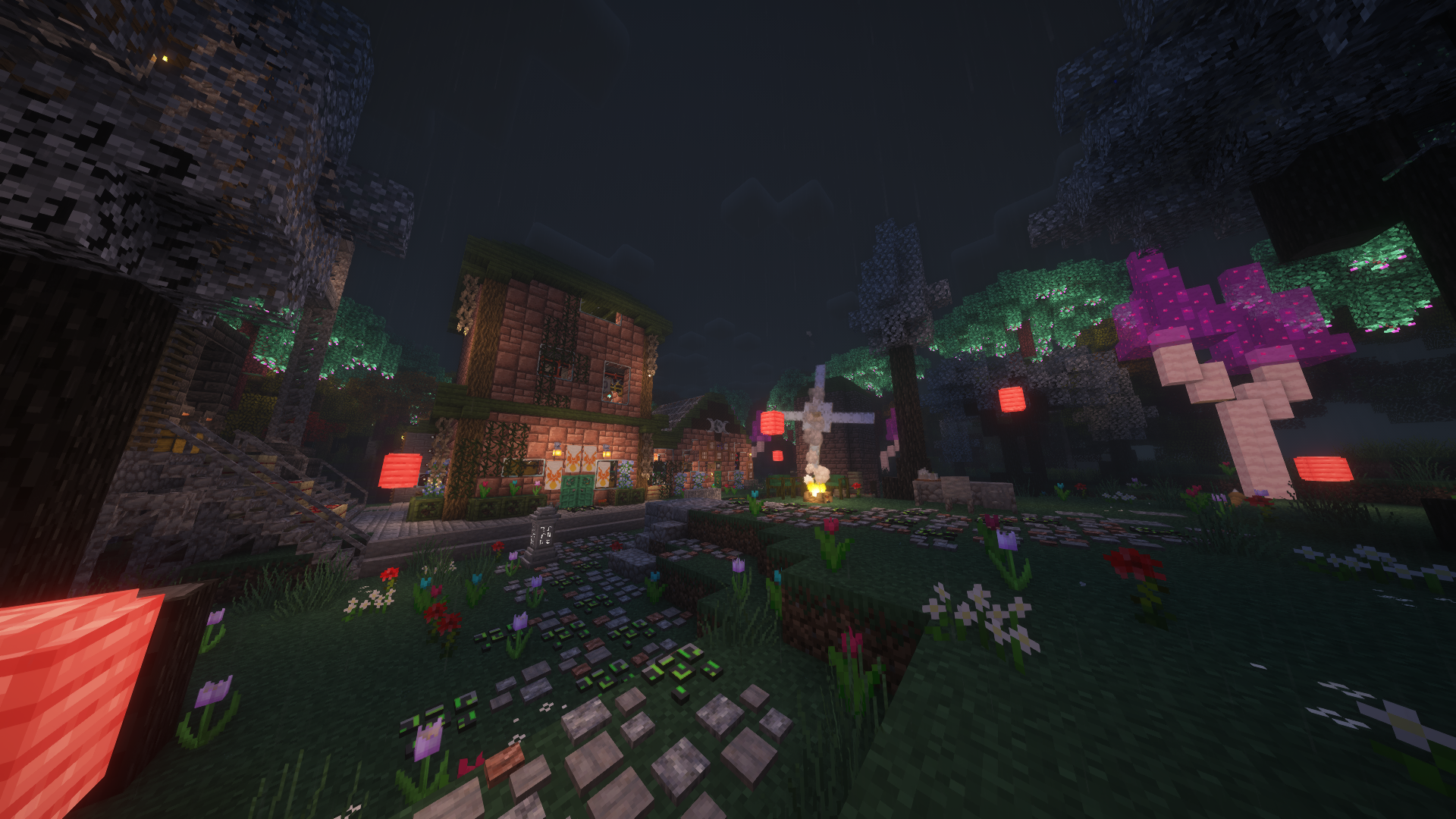 Thumbnail A granite and willow two-floor base with a windmill, rainbow tile walkway, and floating red lanterns.