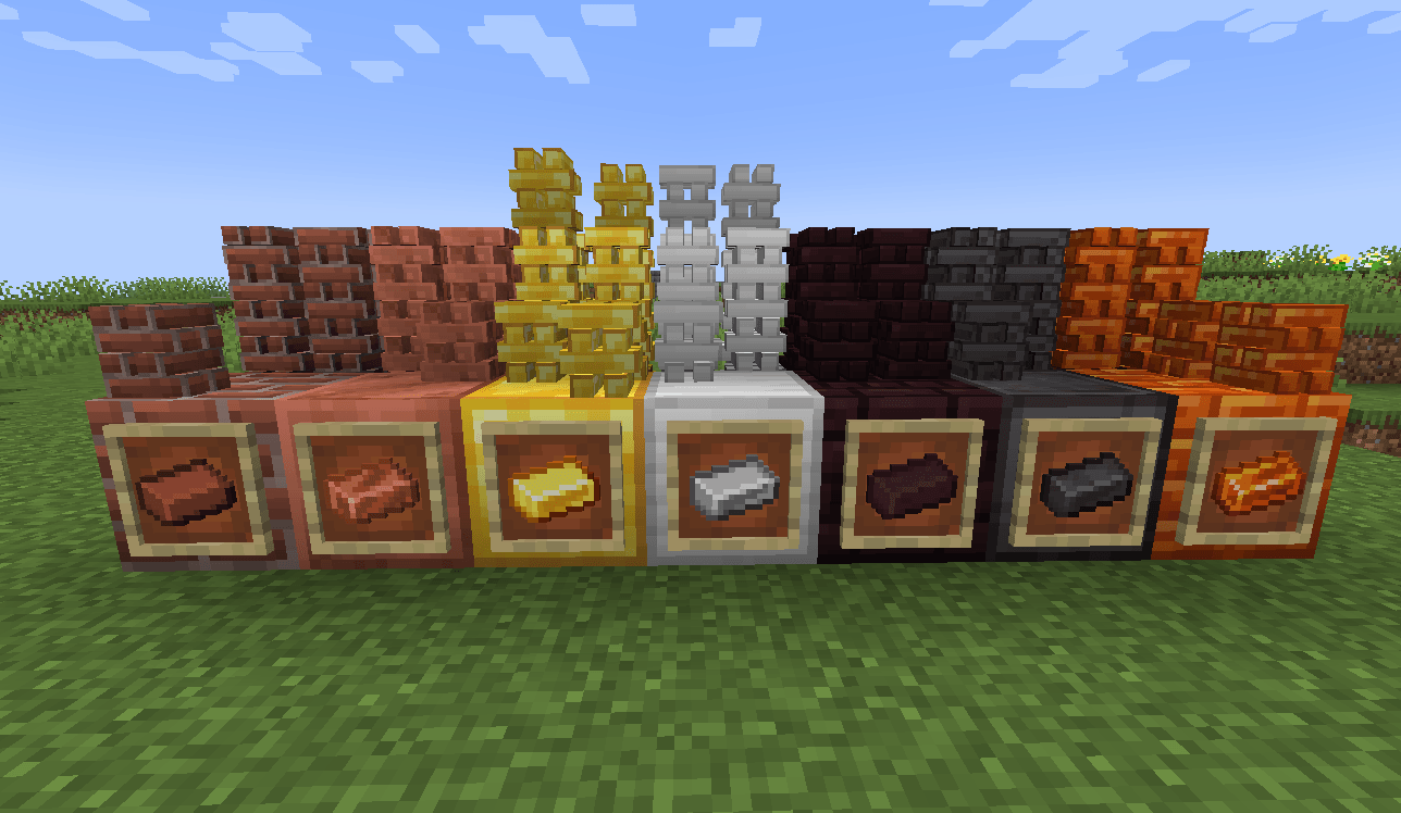 The 7 different ingots/bricks which can be stacked in world.