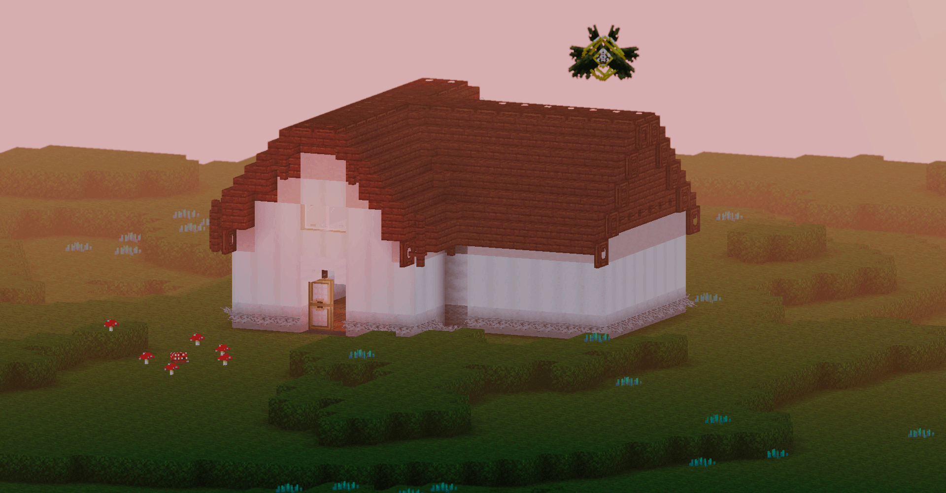 Dreamcore house in liminal field, deep dream and an angel in the sky.