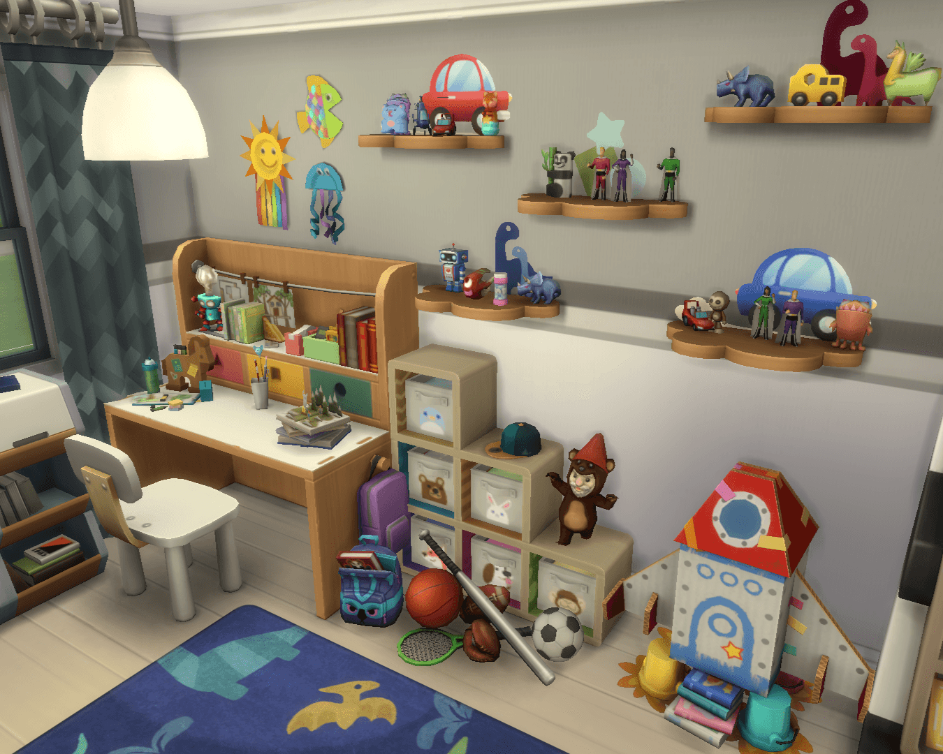 Thumbnail view of the desk, cute shelving with toys, kids dresser, backpacks, sport equipment, football & rocket playhouse!