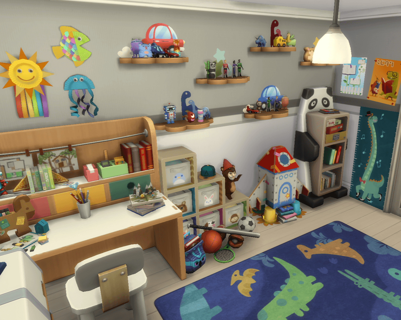 Thumbnail view of the desk with books, pencil-holder, crafts, pop-up book, and racoon bookcase & height chart on the far right!