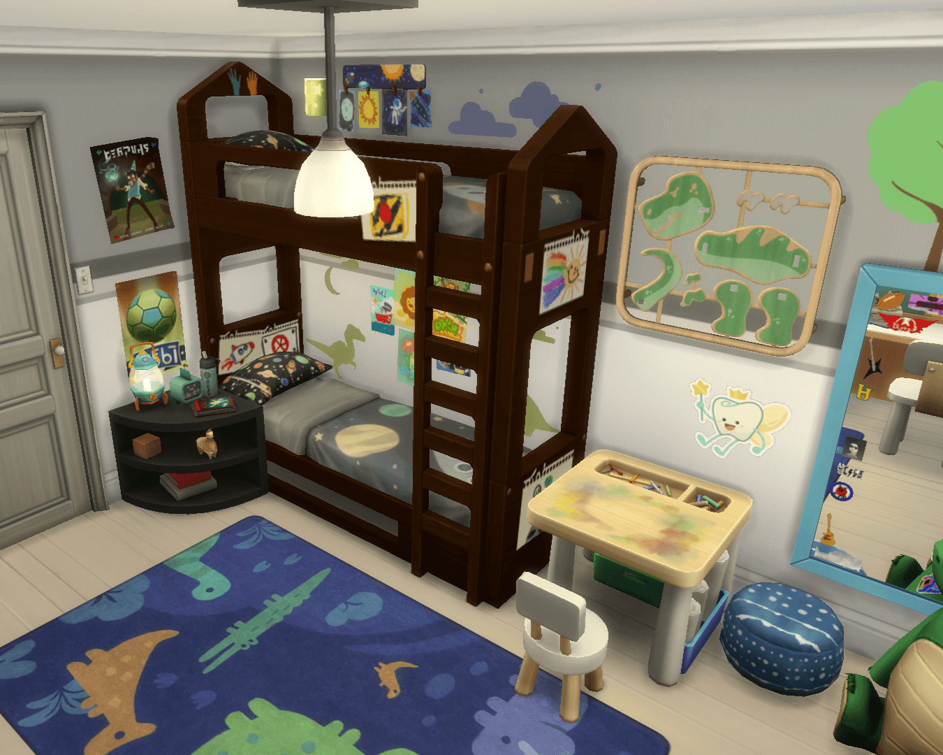 Thumbnail view of space themed bunkbeds, w/personalised art/decor on their wall, posters & bedside table, & mirror on far right!