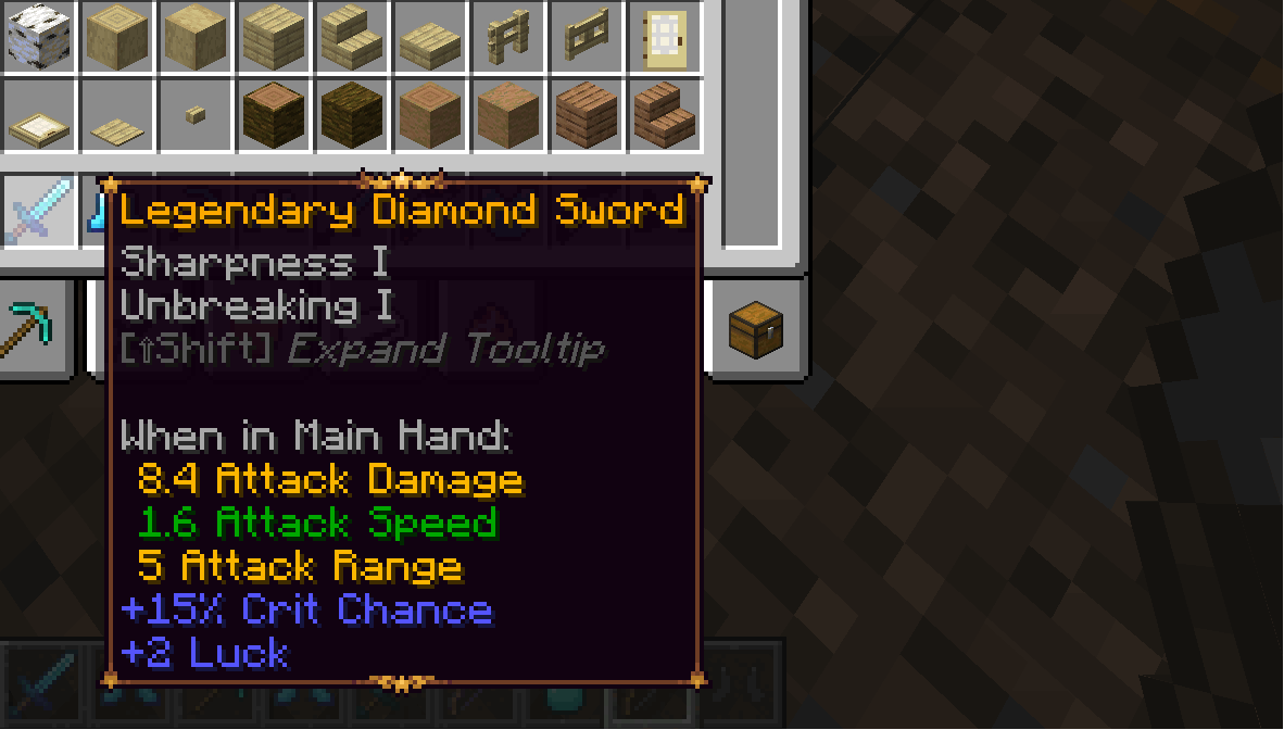 Animated GIF showing a Minecraft tooltip for a Diamond Sword with merged attribute modifiers like Attack Damage, as displayed by the Dynamic Tooltips mod.