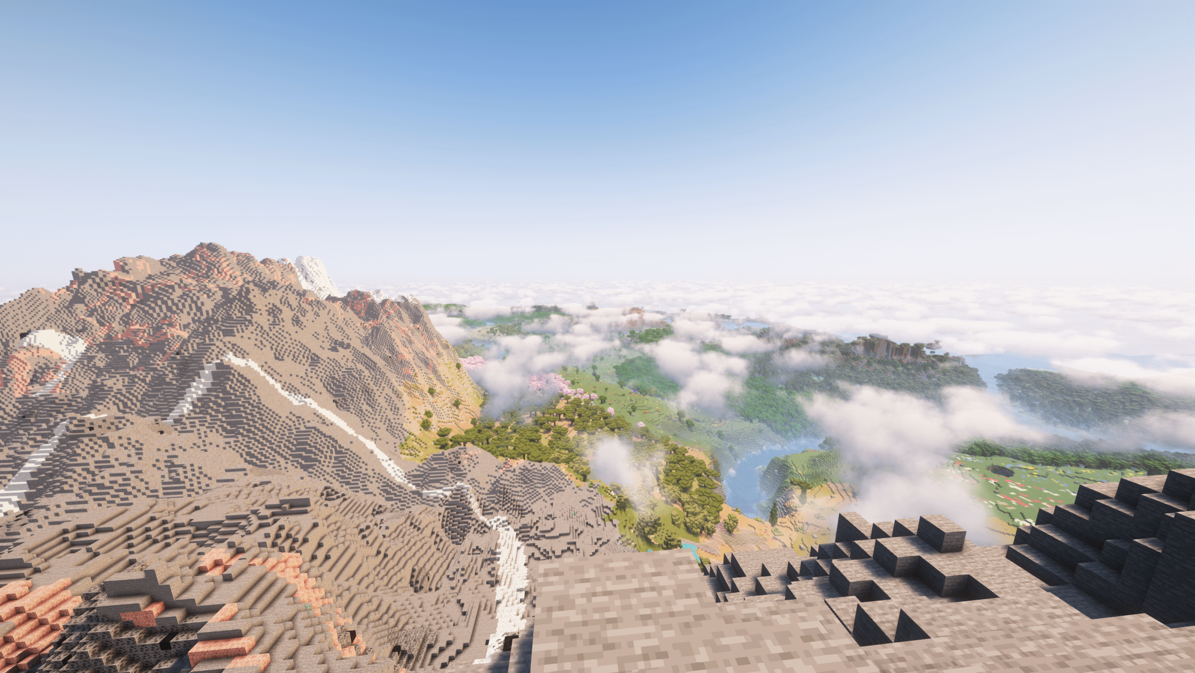 Thumbnail Climb the highest mountain and watch the living world from atop! Combined with Distant Horizons (included but optional) you can get lost in the endless beauty!