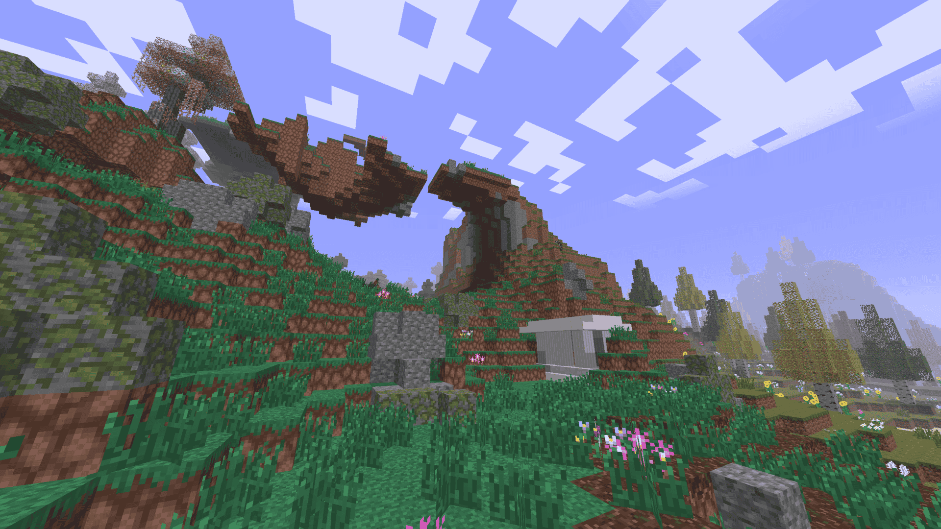 Beta-style terrain with modded biomes, blocks, and structures.