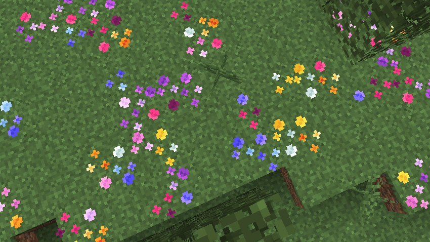 Patch of Wildflowers in a Birch Forest using the More Colourful Wildflowers resource pack. Every segment is randomly-coloured
